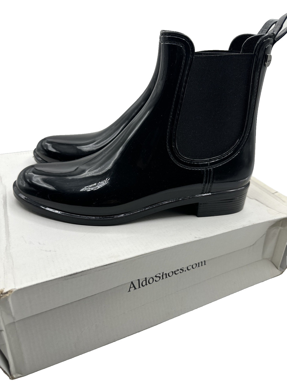Aldo Brilasen Women’s 7.5 Black Patent Chelsea Rain Boots Ankle Excellent